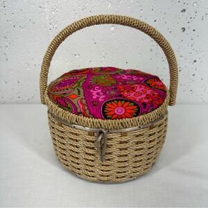 Vintage Japan Colorful Fabric Round Wicker Sewing Basket